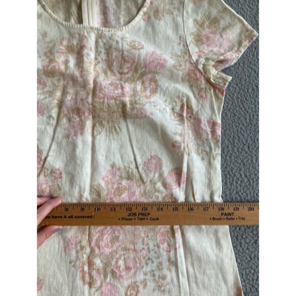 Eileen West Mini Dress 10P Linen Floral Short Sleeve Cream Pink Cottage Retro 10 - Picture 13 of 16
